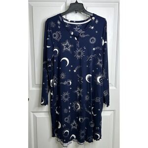 Cuddl Duds Nightgown Jersey Sleep Dress Womens Medium Navy Blue Celestial Print